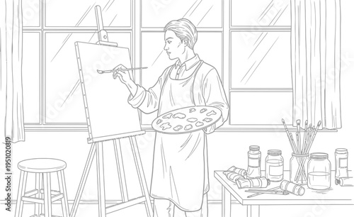 Young artist diligently works on a new masterpiece, carefully applying paint to a blank canvas using a brush and a palette.