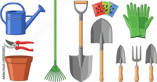 Colorful vector illustration of essential gardening tools and equipment set