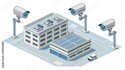 Isometric industrial building with security cameras and vehicle surveillance system