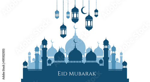 A serene eid mubarak scene featuring a mosque and crescent moons in dark blue silhouette
