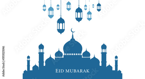 A beautiful eid mubarak illustration featuring a mosque and hanging lanterns a striking silhouette high quality