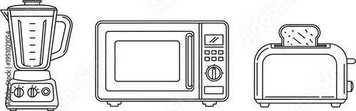 Essential kitchen appliances set including a modern blender, microwave oven, and a toaster with toast, presented in clean line art style.