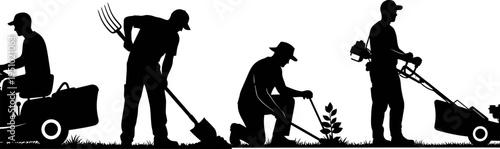 Silhouettes of men performing various gardening and landscaping tasks on white background