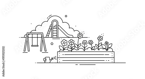 Playground and Garden Illustration: Swing Set, Slide, Watering Can, and Flower Bed