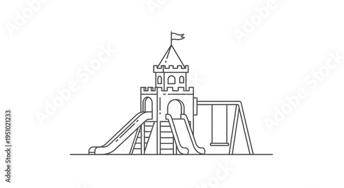 Playground castle with slides and swings, line art vector illustration