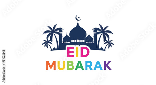 Festive eid mubarak greeting featuring a mosque and palm trees in dark silhouette high quality professional