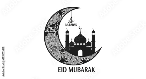 An ornate crescent moon with a mosque and eid mubarak text a beautiful silhouette high quality