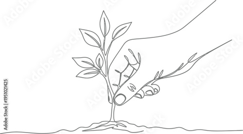 Continuous line drawing depicts a careful human hand planting a small leafy seedling into the earth for growth