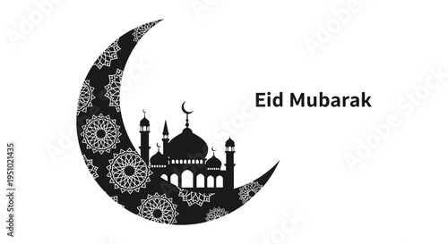 A festive eid mubarak greeting featuring a crescent moon and mosque design silhouette high quality professional
