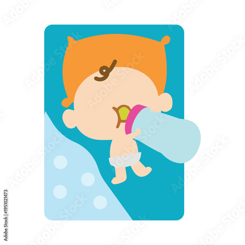 Cute Baby Drinking Milk Bottle Flat Vector Illustration Nursery Concept
