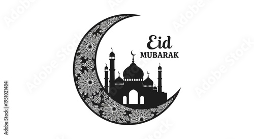 A decorative eid mubarak greeting featuring a crescent moon and mosque silhouette high quality professional detailed