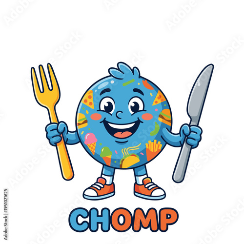Cartoon Blue Planet Character Holding Fork and Knife, Adorned with Fast Food Icons, Representing Global Eating & Restaurant Industry in Cheerful Kawaii Style, Isolated Vector Illustration.