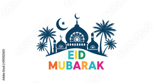 A colorful eid mubarak greeting featuring a mosque palm trees and a crescent moon silhouette