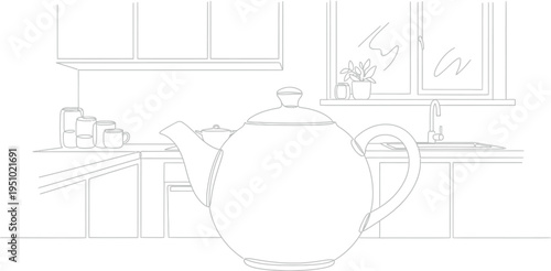 Simple continuous line drawing features a large, round teapot centerpiece in a modern kitchen setting