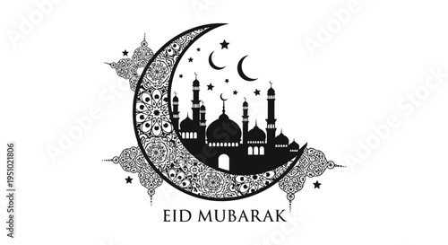 Intricate crescent moon and mosque skyline design celebrating eid mubarak a beautiful silhouette high quality professional