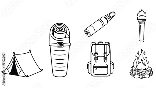 Camping gear icons depicting essential outdoor survival equipment like a tent, sleeping bag, backpack, flashlight,.