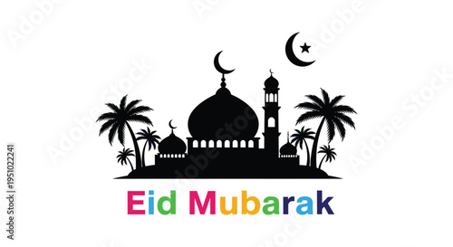 A striking eid mubarak graphic featuring a mosque and palm trees presented as a silhouette