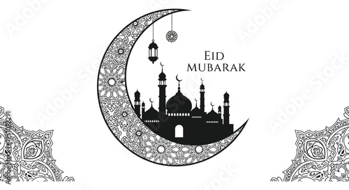 An eid mubarak greeting featuring a crescent moon with a city skyline silhouette high quality professional