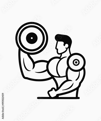 Strong Bodybuilder Man Lifting Heavy Dumbbell Weight Vector Line Art Gym Illustration.