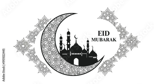 Intricate eid mubarak design featuring a crescent moon and mosque a striking silhouette high quality professional