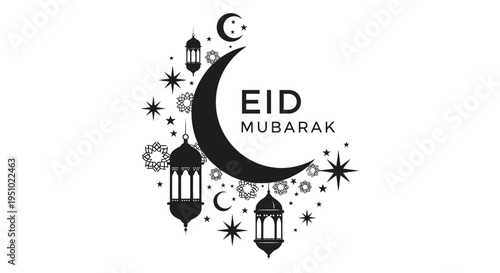 Festive eid mubarak illustration featuring a crescent moon and ornate lanterns a striking silhouette high quality