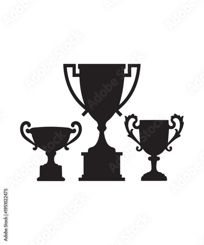 Set Of Three Winner Trophy Cups Silhouettes Isolated On Clean White Background.