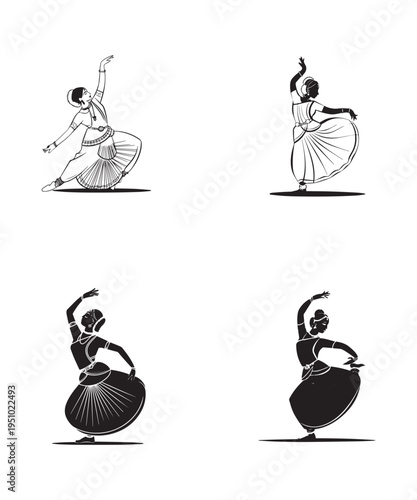 Traditional Indian Classical Dance Silhouette Set Female Bharatanatyam Dancers Vector Illustration Graphics.