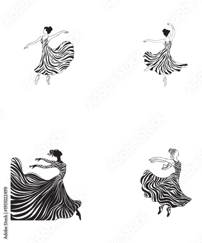 Traditional Indian Classical Dance Silhouette Set Female Bharatanatyam Dancers Vector Illustration Graphics.