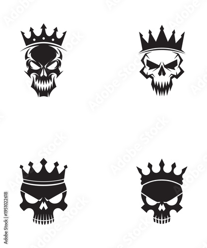Set Of King Skull Silhouettes Wearing Royal Crowns Isolated On White Background.