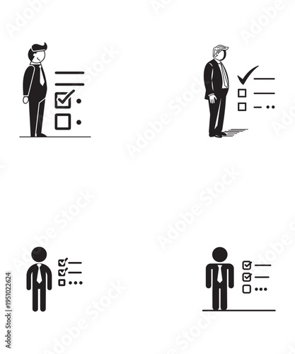 Professional Business Man Character Icons With Completed Task Checklist Vector Illustration Set.