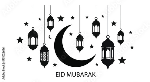 Festive eid mubarak greeting with crescent moon lanterns and stars in a dark silhouette high quality