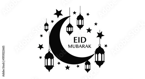 A crescent moon and lanterns celebrate eid mubarak with sparkling stars a dark silhouette high quality