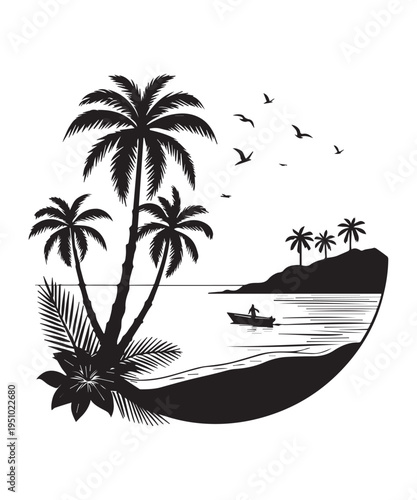 Tropical Beach Sunset Silhouette With Palm Trees And Boat Vector Landscape Illustration.