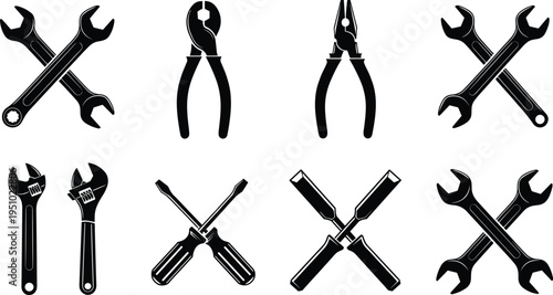 Hand tools silhouette set, wrenches pliers screwdrivers chisels adjustable wrench mechanical equipment DIY construction repair maintenance illustration design