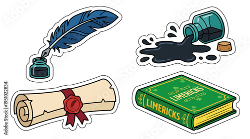 This image depicts various elements related to writing and literature, including a quill pen, an inkwell with spilled ink, a rolled scroll, and a book of limericks.