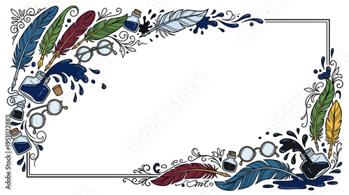 A decorative frame with vintage writing elements like colorful quill pens, inkwells, ink splatters, and spectacles, on a white background.