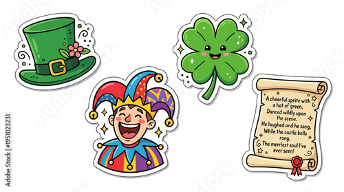 A collection of cartoon stickers featuring a green leprechaun hat, a joyful jester, a cute four-leaf clover, and an old scroll with a poem.
