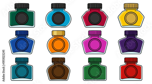 A vibrant collection of twelve colorful ink bottles with various shapes and black caps, arranged neatly on a white background.