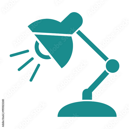 Teal desk lamp with light rays on white background