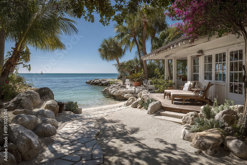Beachfront vacation rental property with private sandy shore, tropical palm trees, and cozy outdoor lounge area under clear blue sky, creating peaceful and aspirational living space