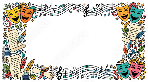 A vibrant doodle frame featuring theater masks, musical notes, and literary scrolls, symbolizing arts and culture.