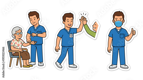 Illustrations of a male nurse providing care to an elderly patient, giving a high-five, and wearing a protective face mask.
