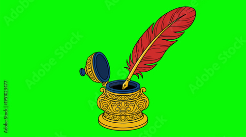 A vibrant red quill pen is dipped into an ornate golden inkwell with a blue lid, set against a bright green screen background.
