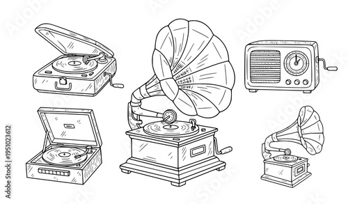 Retro gramophone doodle sketch vintage phonograph vector
