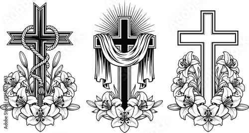 Christian cross with lilies and draped cloth illustration set, religious faith symbol floral decoration church design flat vector illustration