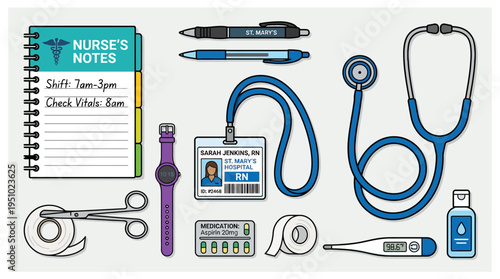 A collection of essential nursing and medical supplies including a stethoscope, ID badge, notebook, pens, thermometer, and other healthcare tools.