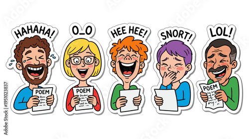 Five diverse cartoon people laughing and reacting to a poem, each with a different onomatopoeic or textual expression of amusement, depicted as cheerful stickers.