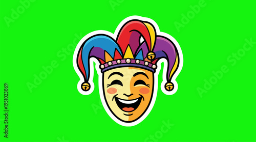 A cartoon illustration of a laughing jester's face wearing a vibrant, multi-colored jester's hat with bells, set against a bright green screen background.