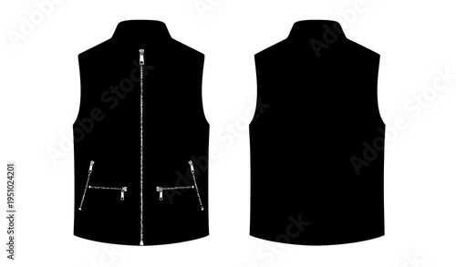 Black vest jacket vector mockup showing front and back views on white background