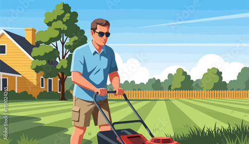 Man mowing lawn with lawnmower in backyard